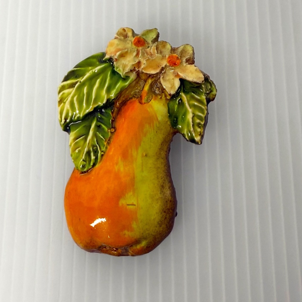 Vintage Signed West Germany Pear Floral Fruit Carved Hand-Painted Resin Brooch